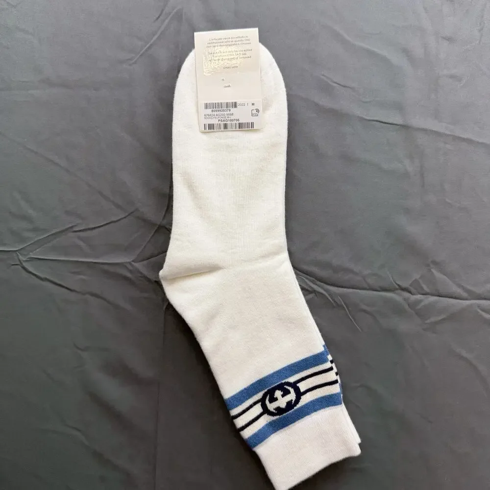 Gucci GG Logo Socks Men M White Blue Interlocking G NWT